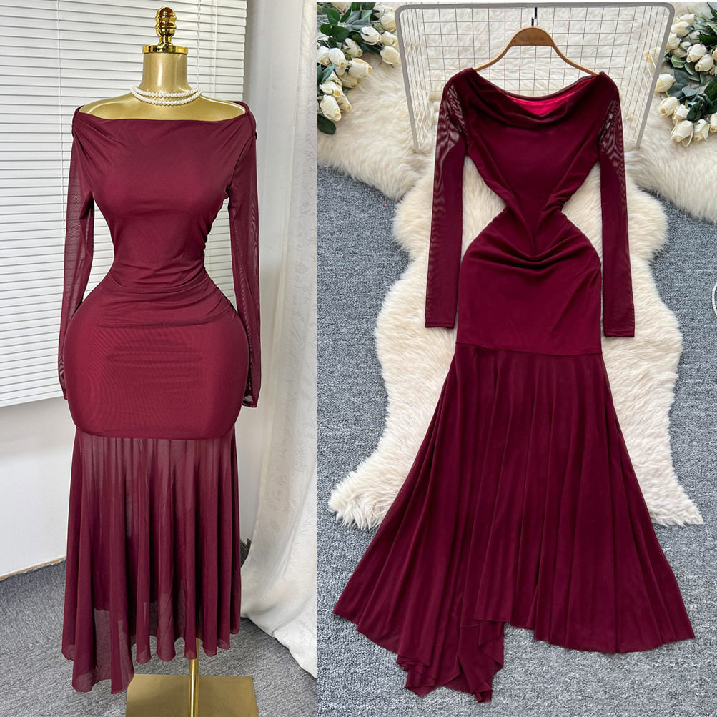Elegant Burgundy Long Sleeve Dress Slim Fit High Waist A Line Silhouette French Style for Formal Occasions