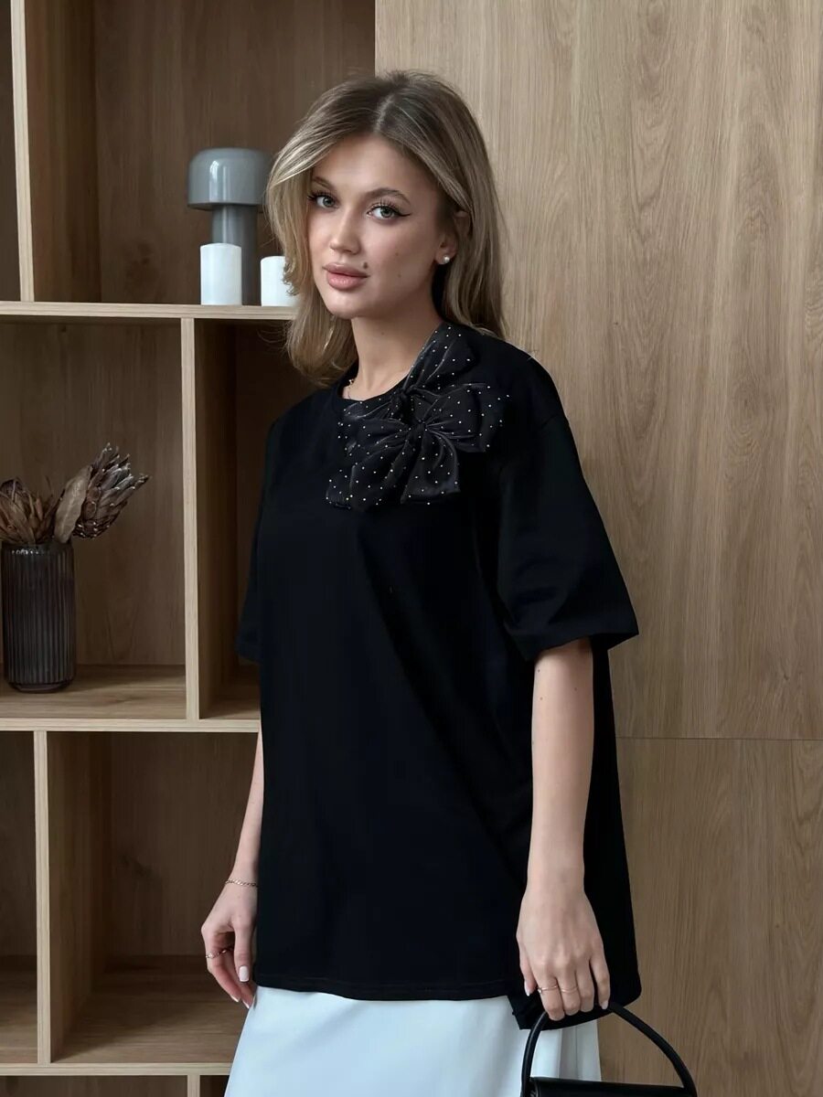 Loose Fit Womens T Shirt 3D Rhinestone Bow Cotton Fabric Short Sleeve Casual Wear for Spring Summer Wholesale