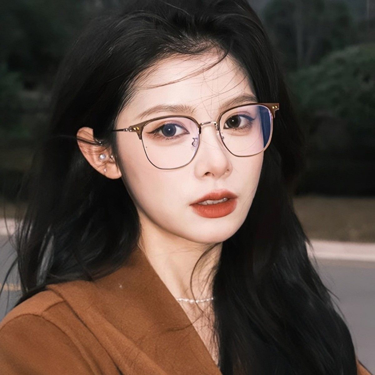 Autumn and winter brown half-frame glasses women's myopia can be equipped with ultra-light pure titanium frame square round face small frame