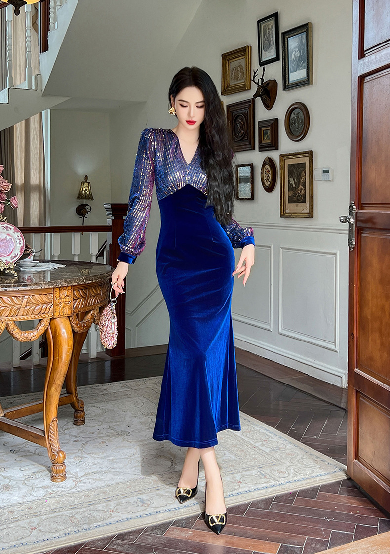 Đầm dài nhung phối sequin cổ chữ V dáng đuôi cá nữ — Xanh đá quý, Màu đen, Đỏ gỉ sắt