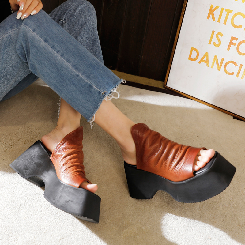 Dép sandal nữ mũi cá da bò thật đế dày gót xuồng — Màu đen, Màu nâu