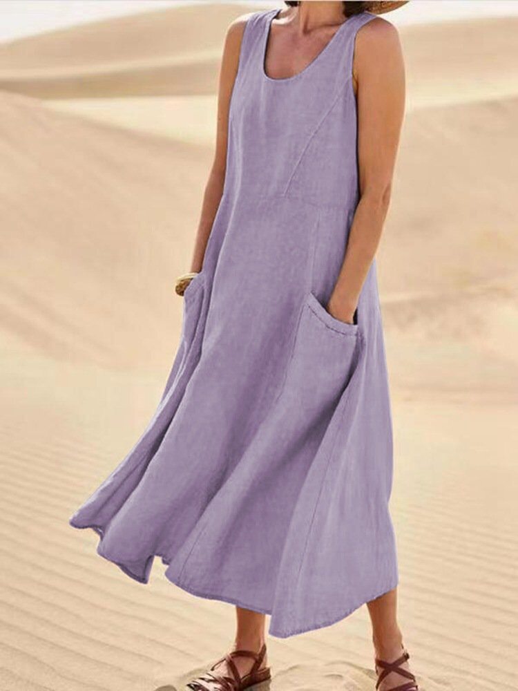 Summer Womens Cotton Linen Dress Sleeveless Round Neck Pocket Design Casual Wear for Everyday Use Wholesale