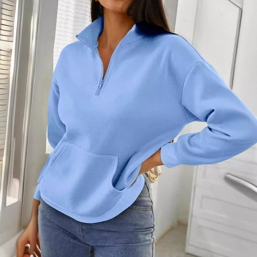 Casual Zip Pocket Hoodie Solid Color Stand Collar Autumn Winter Style Ready to Ship Wholesale Available