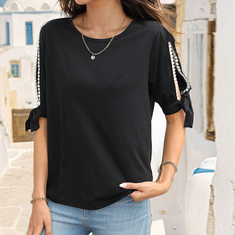 Lace Short Sleeve Top Versatile Minimalist Unique Tie Design Shoulder Cutouts Casual Wear Wholesale Available