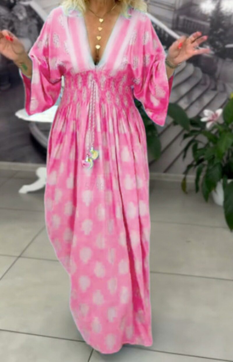 Summer Floral V Neck Drawstring Waist Dress Womens Fashion Trendy Design Comfortable Fit Perfect for Casual Outings