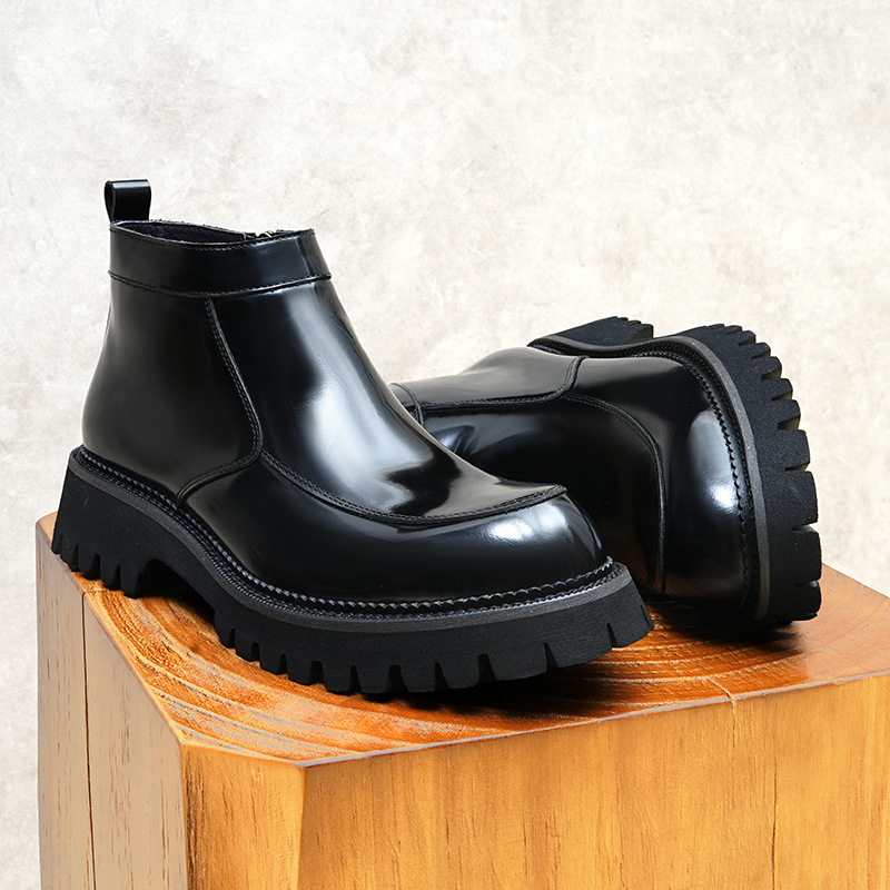 Boot Nam Cổ Cao Da Bóng Khóa Kéo Phong Cách Anh Quốc Chiều Cao Đế Khoảng 4cm Màu Đen