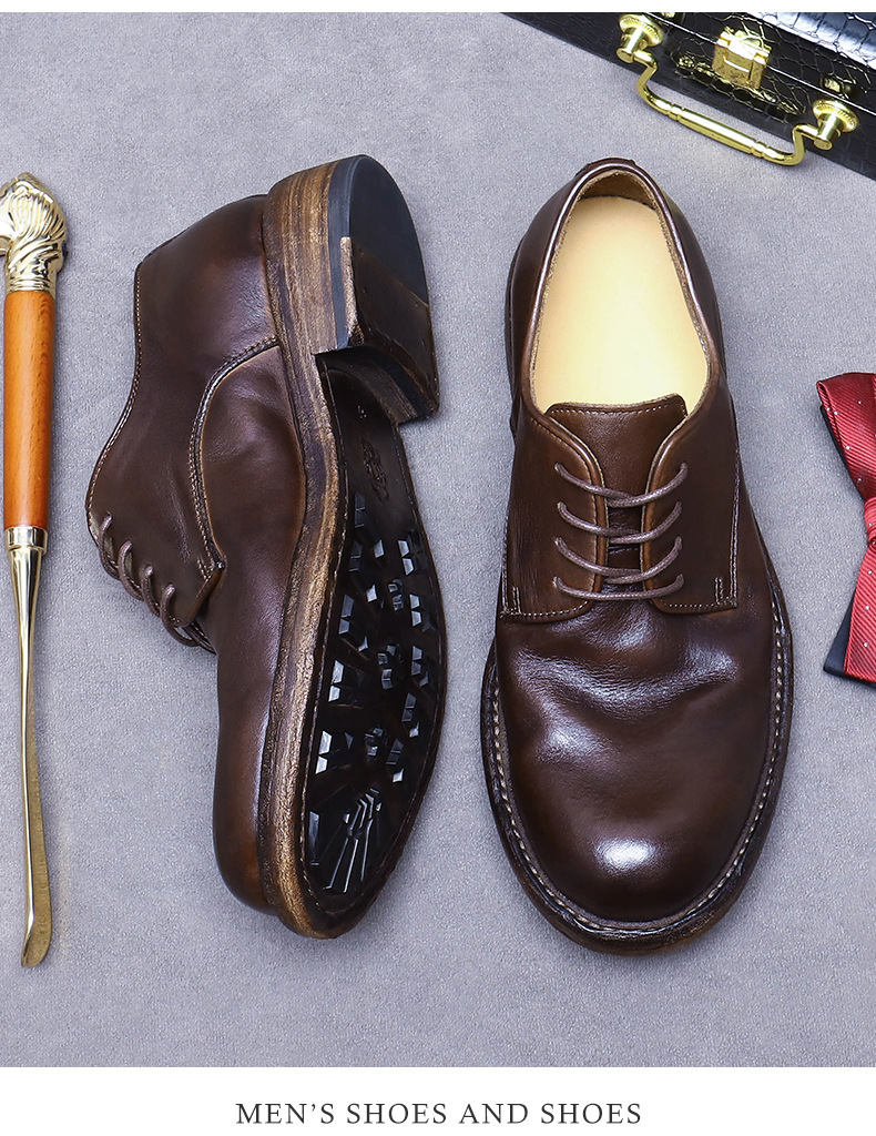 Giày Derby nam da bò thật đế da khâu Goodyear mũi tròn — Màu nâu