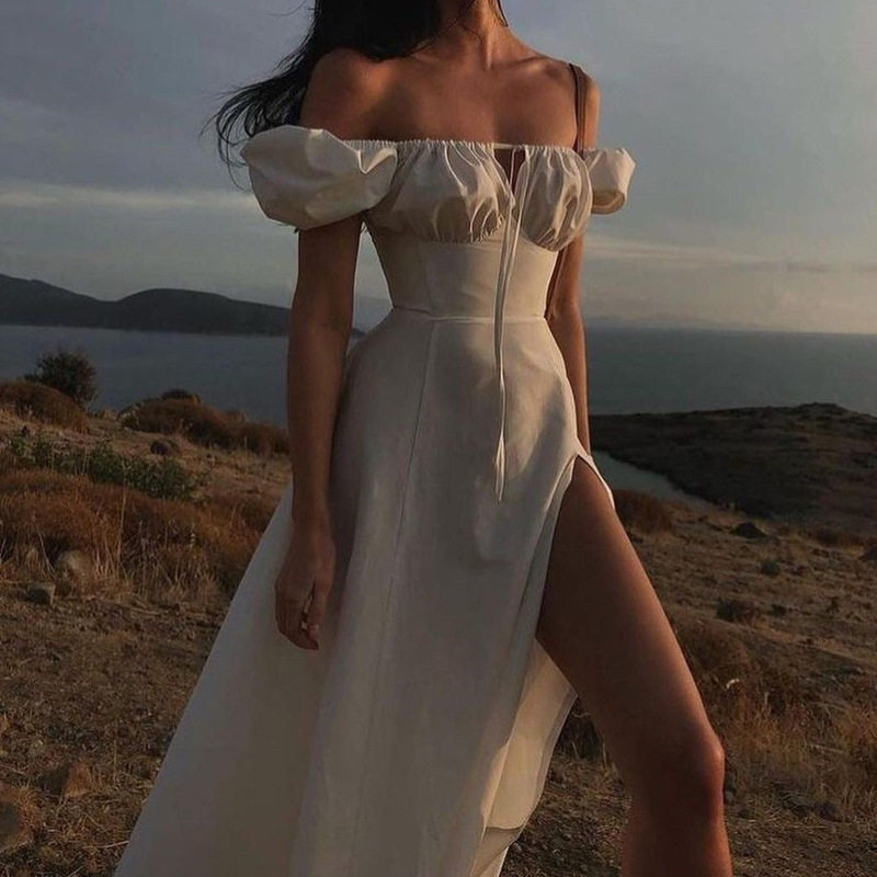 High Waist Solid Color Dress Puff Sleeve Split Hem Vacation Style Spring Collection Wholesale Available