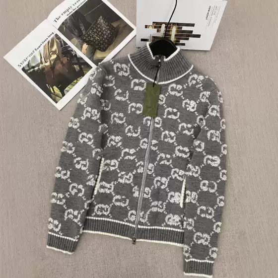 High Version Nanyou g Family New Towel Embroidered Stand Collar Zipper Double g Full Printed Knitted Wool Cardigan Women's Clothing