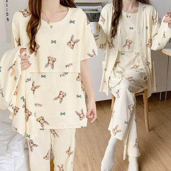 Moon clothing summer thin postpartum lactation three-piece set out for pregnant women pajamas spring and autumn pregnant women breast-feeding