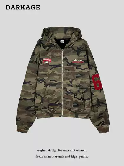 American Retro Camouflage Cardigan Hooded Sweatshirt for Men and Women Autumn and Winter 2025 New Loose Heavyweight Couple Jacket