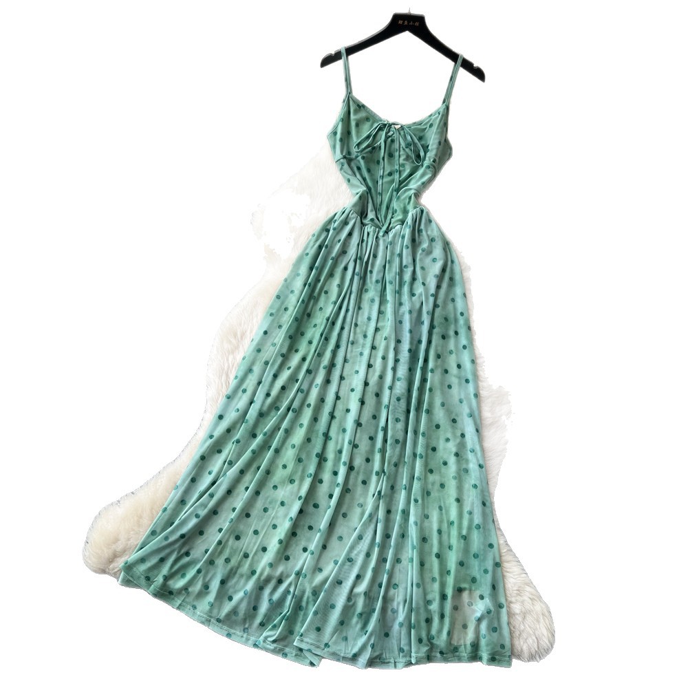 French Vacation Style Green Polka Dot Maxi Dress for Women High Waist Slim Fit Summer Essential Wholesale Available