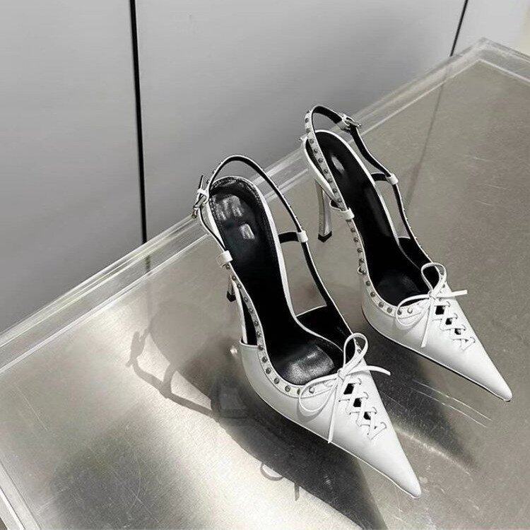 Rivet high heels women's metal stiletto pointed toe strap bow one-word buckle sandals