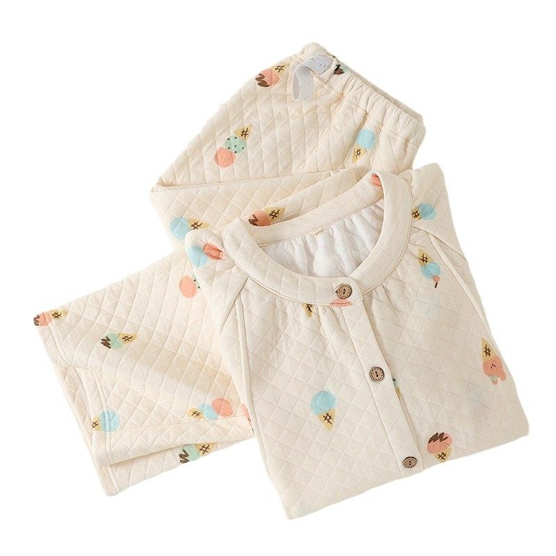 Moon Clothing Autumn and Winter Air Cotton Postpartum Three-Layer Thickened Nursing Pajamas Pregnant Women Adjustable Abdominal Home Clothing Set