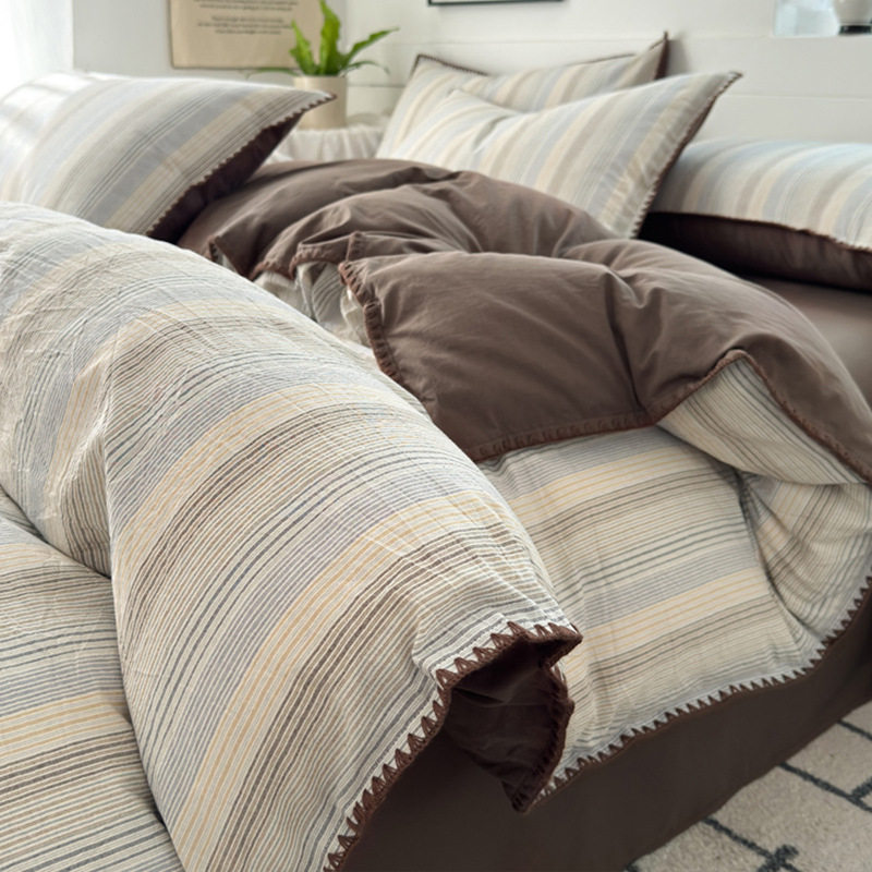 Pure Cotton Washed Cotton Bed Four-Piece Set Simple Stripesd Bedding Pure Cotton 100 Quilt Cover Bed Sheets Three-Piece Bedding Set