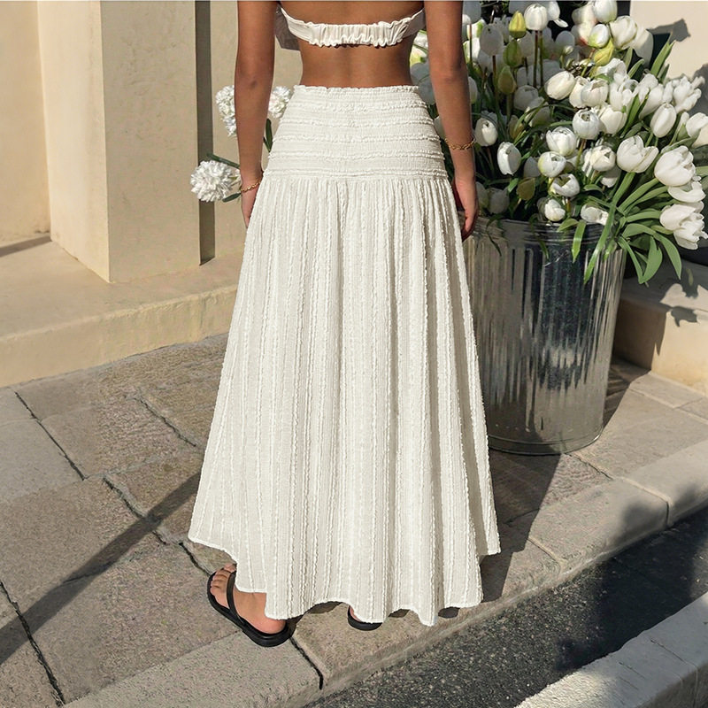 Casual Maxi Skirt Elastic Waist Solid Color Textured Fabric Vacation Wear for Women Wholesale Available