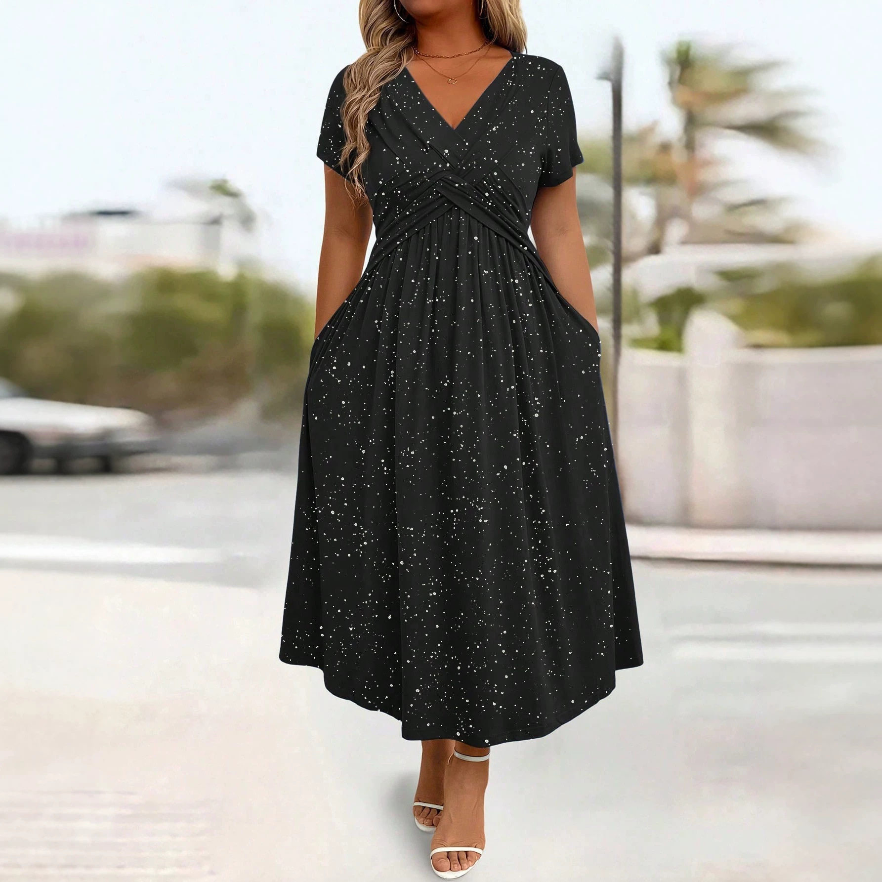 V Neck Short Sleeve Bodycon Dress Shimmering Fabric Waist Defining Fit Summer Style Wholesale Available