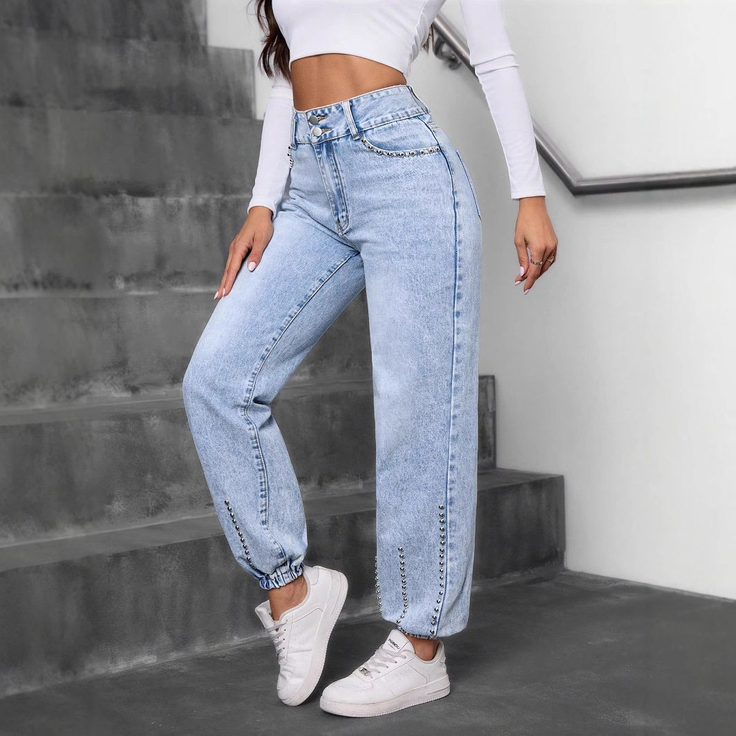 Casual Denim Pants for Women Beaded Detail Versatile Style Comfortable Fit Perfect for Everyday Wear Wholesale