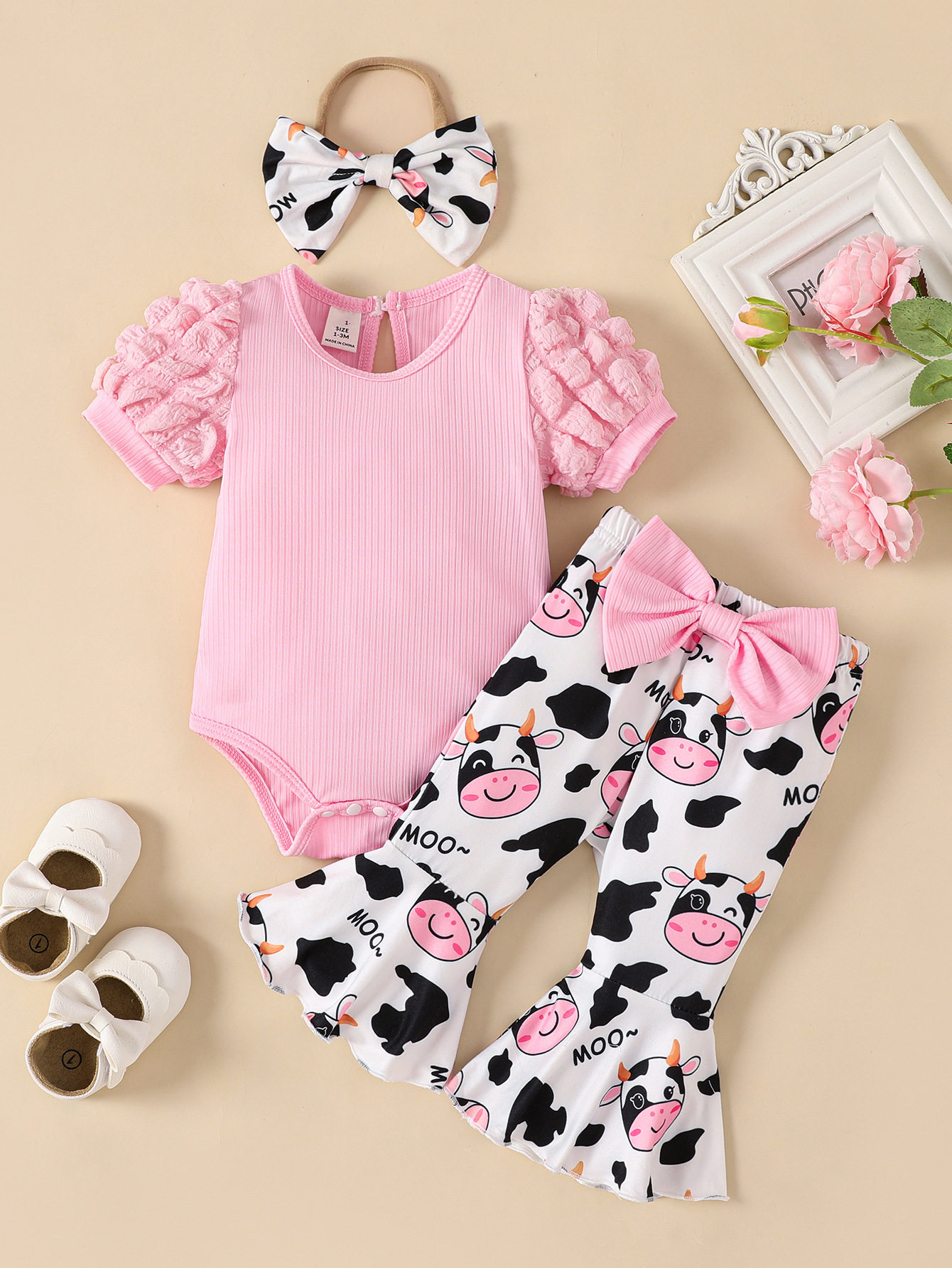 baby girl summer puff-sleeved hoodie, flared trousers and hair accessory set