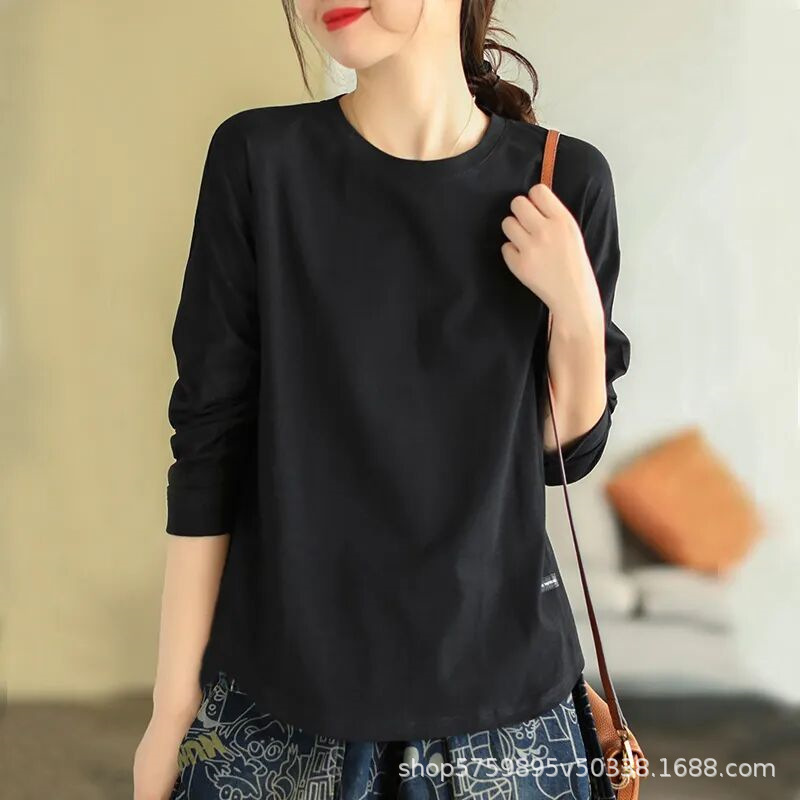 复古文艺纯色早秋打底衫女2025新款圆领百搭长袖t恤女士上衣