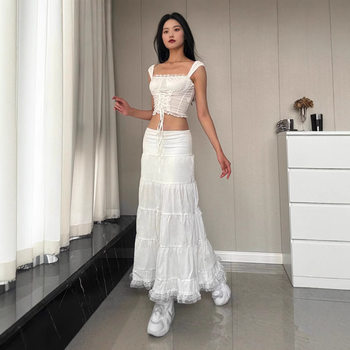 European and American foreign trade 2024 winter new fashion square collar strap lace vest stitching lotus leaf skirt suit women