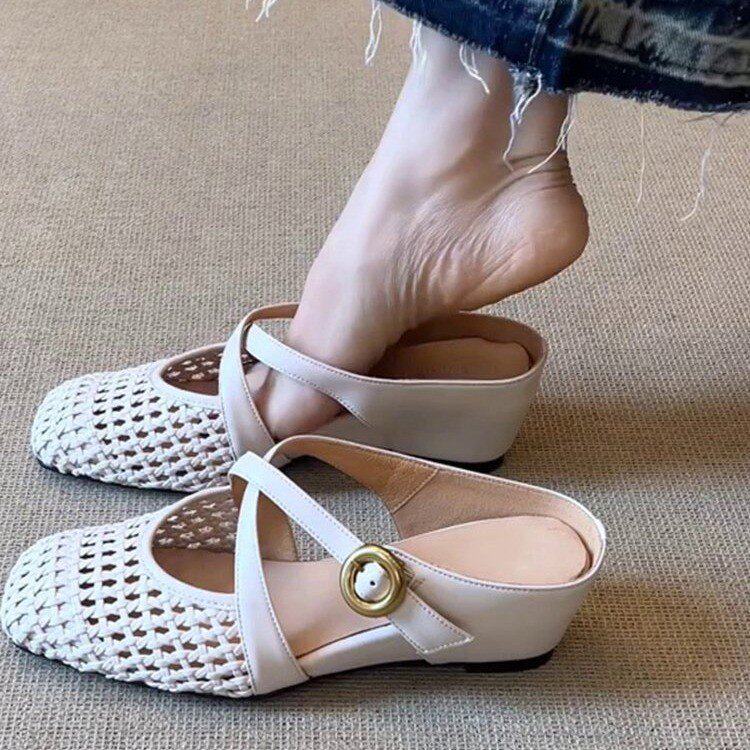 Wedge braided hollow toe cap toe slippers for women, fashionable and versatile sandals for outerwear