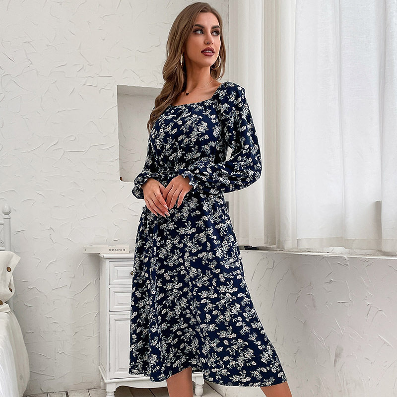 Blue Floral Off Shoulder Dress Long Sleeve Stylish Autumn Fashion Wholesale Available private label