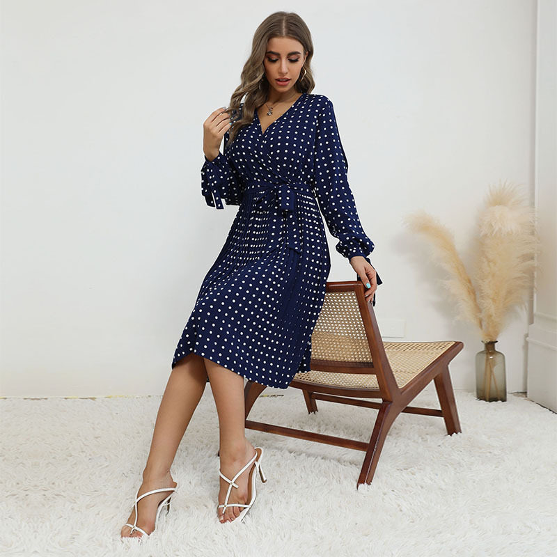 Lace Long Sleeve Blue Polka Dot Dress Elegant Design Comfortable Fit Autumn Winter Style Wholesale Available