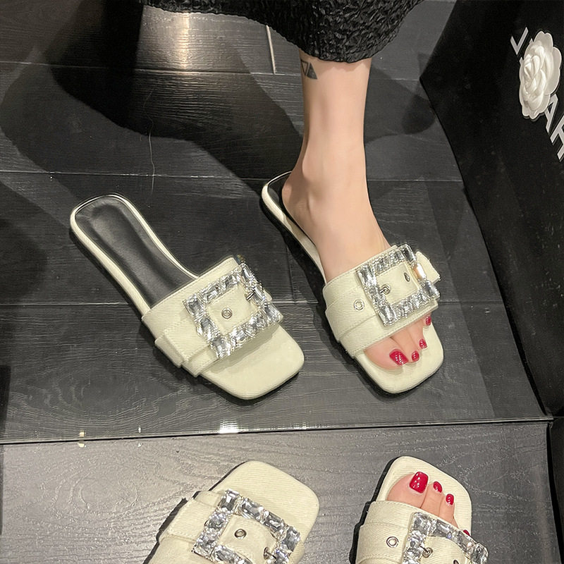 Flat sandals women's shoes wholesale spring and summer new French fairy wind rhinestone square buckle slippers