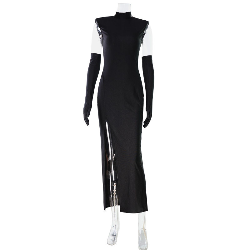 Elegant Sleeveless Evening Gown Solid Color High Slit Slim Fit Includes Gloves Perfect for Red Carpet Events