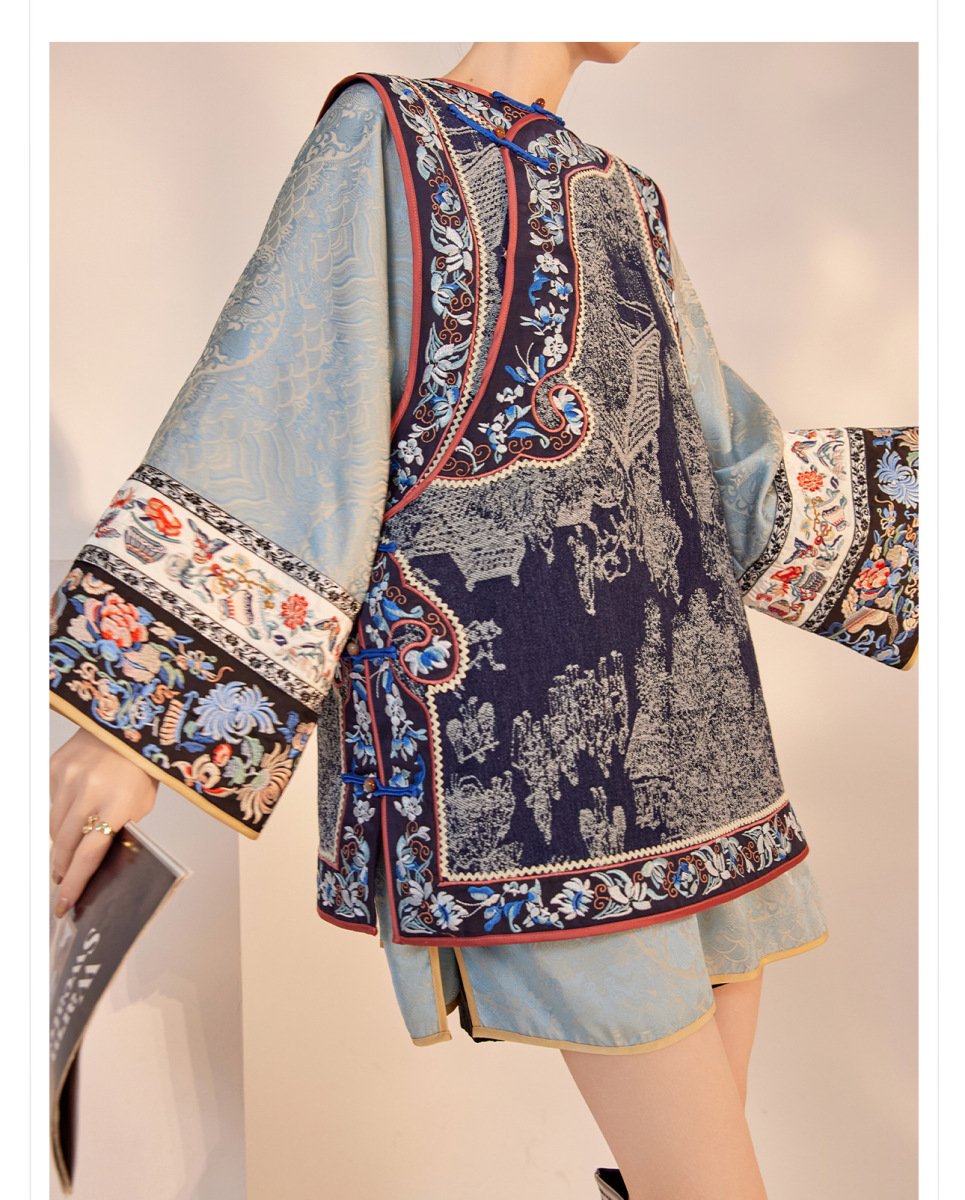 Áo khoác nữ dáng rộng dệt hoa thêu nổi phối vải cao cấp — Màu xanh bóng trăng (Giao hàng trong 7 ngày), Moon Shadow Blue (giao hàng trong cùng ngày)