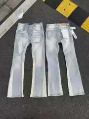 Purple Brand Patchwork Straight-Leg Micro-Elastic Jeans Retro Distressed Splash-Ink Ripped Cross-Border Denim Pants