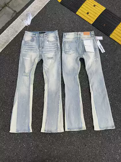 Purple Brand Patchwork Straight-Leg Micro-Elastic Jeans Retro Distressed Splash-Ink Ripped Cross-Border Denim Pants