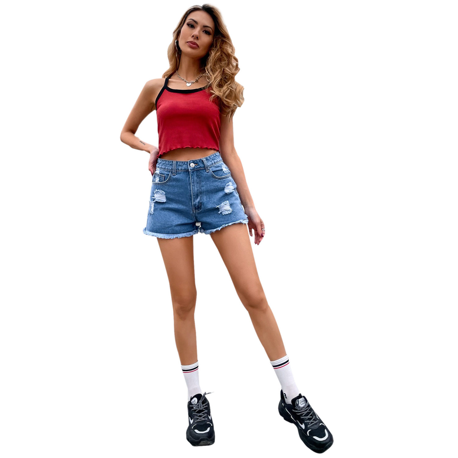 High Waisted Loose Fit Denim Shorts Ripped Design Casual Style Comfortable Fabric Summer Wear Ready to Ship