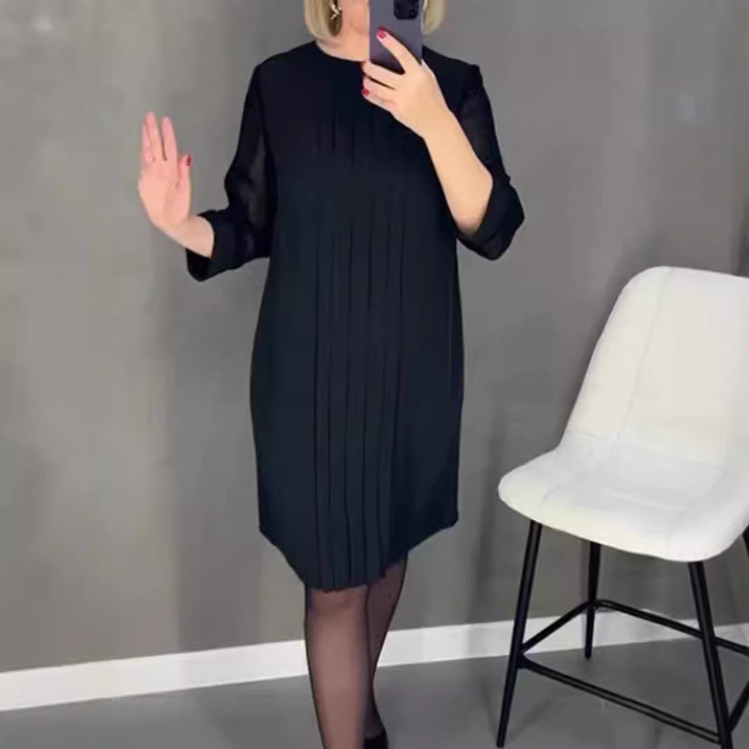 Pleated Lace Sleeve Dress Round Neck Long Sleeve Elegant Design Autumn Winter Fashion Wholesale Available