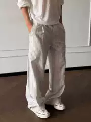American Old Money Style Striped Trousers for Men and Women, Faux Linen Straight-Leg Casual Drapey Cool Long Pants, Loose-Fitting Couple's Pants