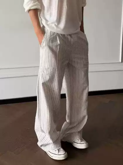 American Old Money Style Striped Trousers for Men and Women, Faux Linen Straight-Leg Casual Drapey Cool Long Pants, Loose-Fitting Couple's Pants