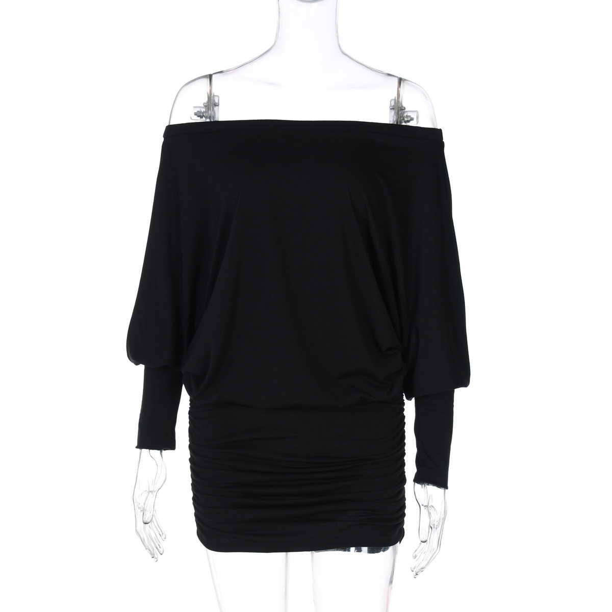 欧美风女装2025春季新品性感纯欲风一字领抽褶紧身包臀连衣裙