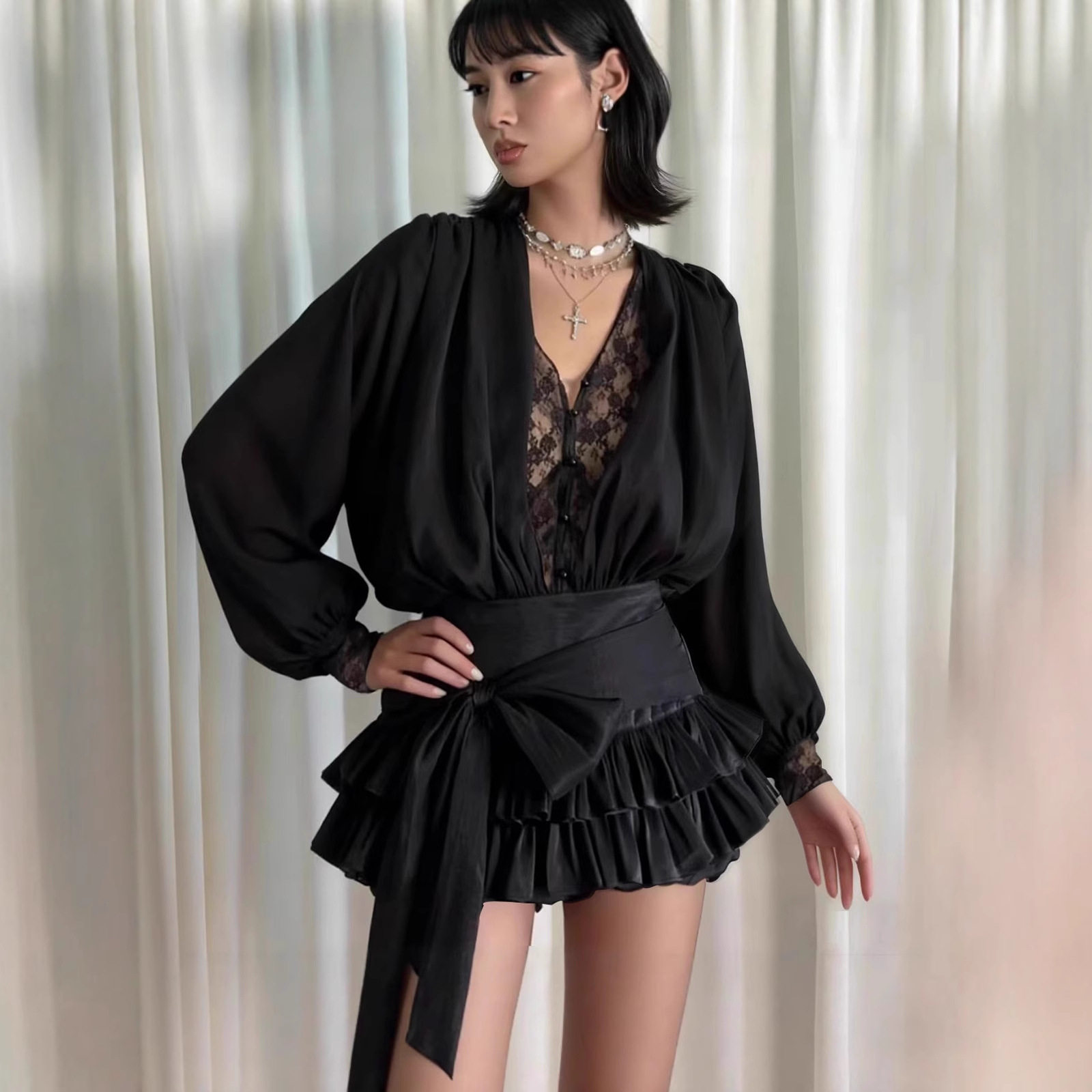 French Style Lace Trimmed Mini Dress Sexy V Neck Long Sleeve Elegant Design Perfect for Autumn Events Wholesale