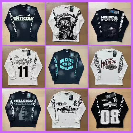 Cross-border foreign trade wholesale Hell Star letter LOGO portrait printing long sleeve T-shirt tide men and women couples loose long T