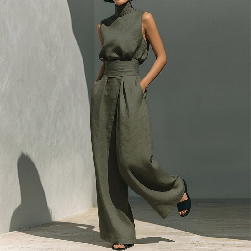 Womens Spring Outfit Set Elegant Solid Color High Neck Sleeveless Straight Leg Pants Perfect for Casual or