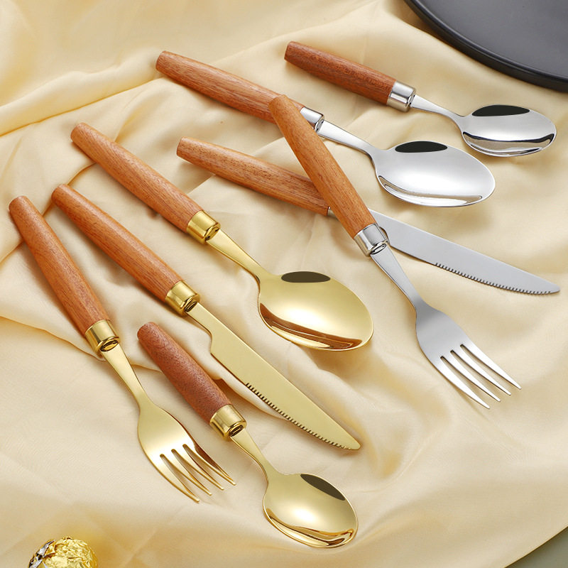 Cross-border 304 stainless steel knife, fork and spoon Japanese style ins wooden handle tableware Western food tableware set retro style logo