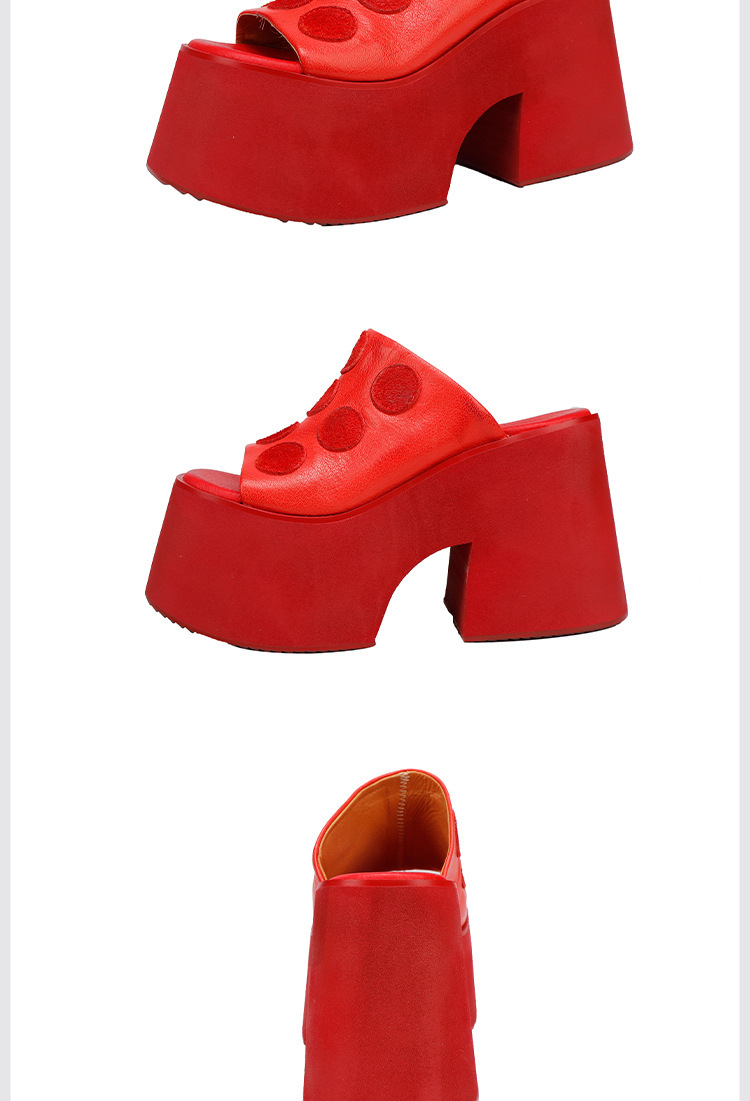 Dép sandal nữ da bò thật đế dày gót cao phong cách tối giản — Màu đen, Màu đỏ