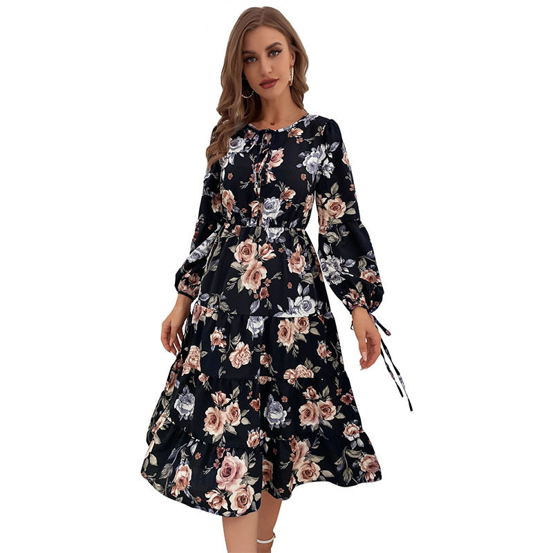 Vintage Floral Long Sleeve Dress Elegant Design Comfortable Fabric Perfect for Spring and Summer Wholesale Available