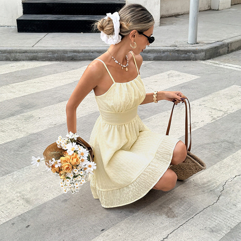 Summer Casual Solid Color Ruffle Strap Cake Dress Fresh and Sweet Style Perfect for Parties and Daily Wear OEM Available