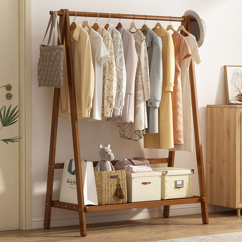 Clothes Rack Floor Stand for Home Bedroom, Double-Layer Storage Indoor Clothes Rack, Coat Rack, Clothes Drying Rack, Bamboo Material