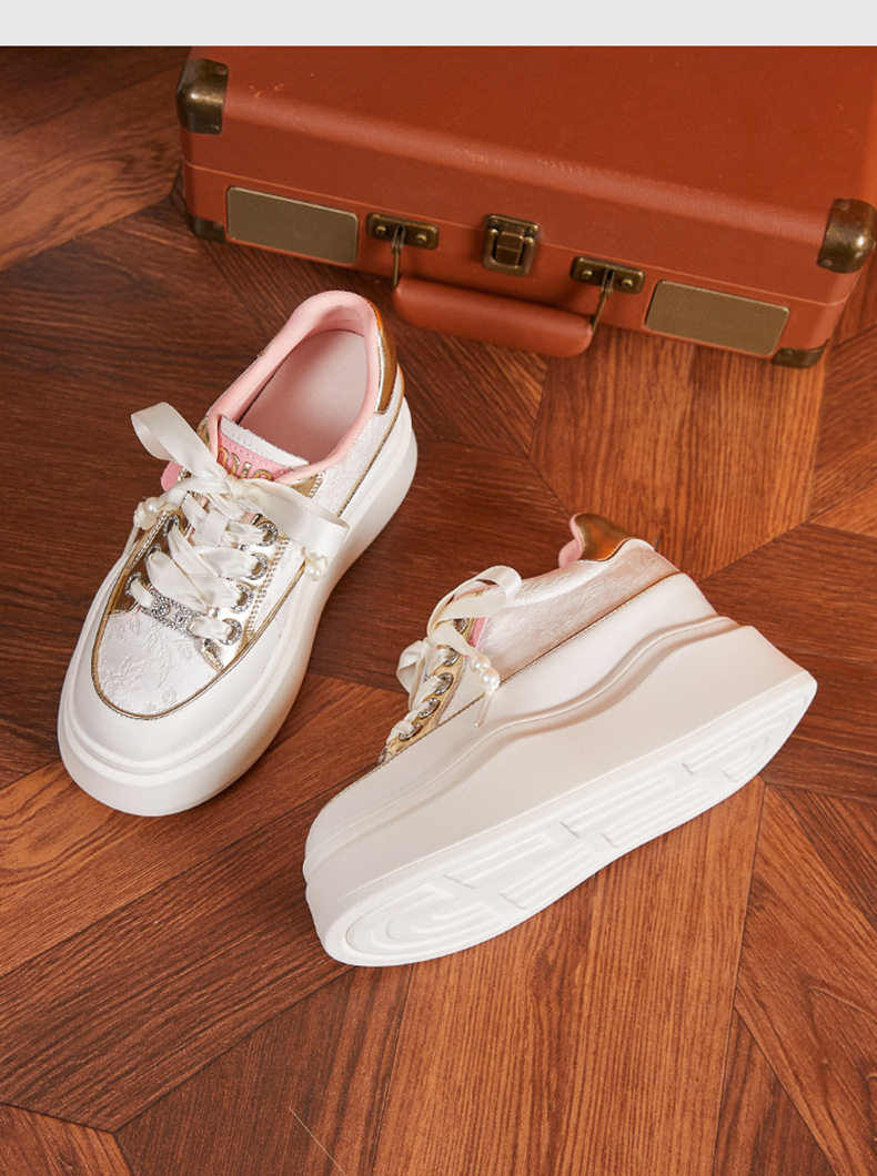 Giày sneaker nữ chunky đế dày phong cách Hàn Quốc, mũi tròn, dây buộc — Hồng vàng, Trắng chi tiết 14