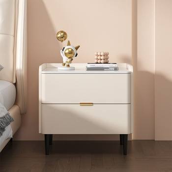 All Solid Wood Bedside Table, Light Luxury and High-End Slate Leather, Modern Simple Bedroom Bedside Table, Internet Celebrity Storage Cabinet