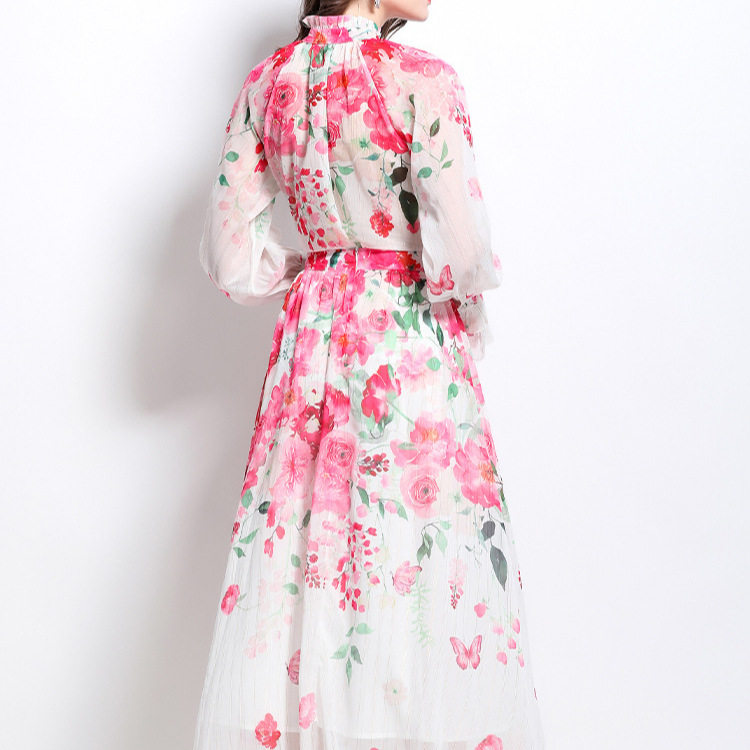 Chic Lantern Sleeve Printed Chiffon Top with Tie High Waist Flowing A Line Skirt Set Elegant for Parties and Events