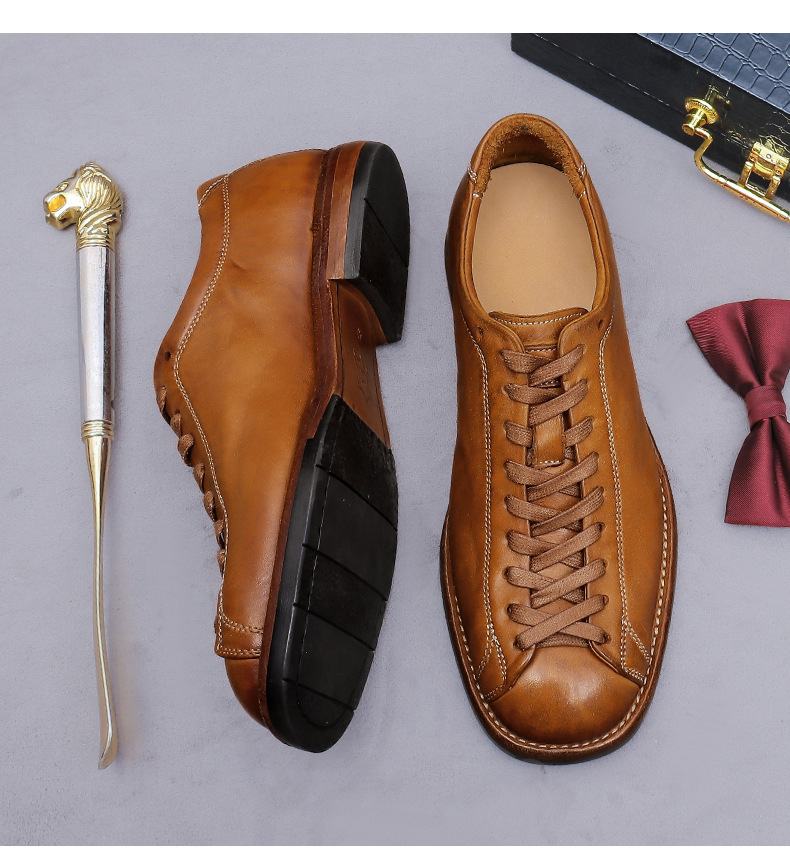 Giày da nam cổ thấp buộc dây dài kiểu boxer cổ điển, mũi tròn, đế khâu Goodyear — màu đen, Màu caramel